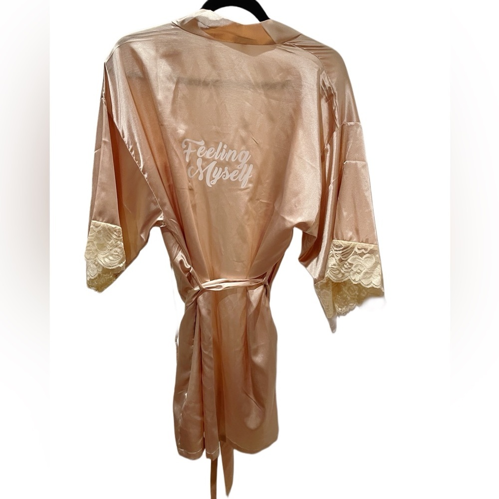 Custom “feeling myself” light Blush Pink Silky Lace Short Robe Bridal bath